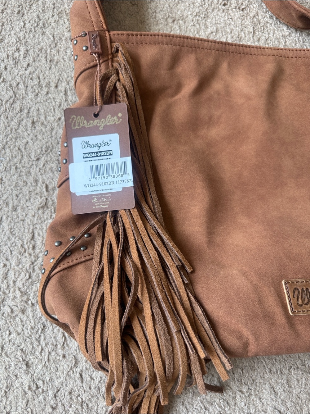 NWT WRANGLER WOMEN'S SHILOH FRINGE
STUDDED HOBO BAG - Brown/Tan - Picture 7 of 11